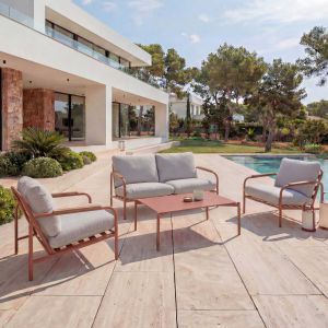 Salon De Jardin En Aluminium Hwc-O11, Banc 2 Places D'ext&eacute;rieur, Fauteuil, Canap&eacute;, Ol&eacute;fine (205 G/M&sup2;)Coussins Terracotta Beige - Neuf