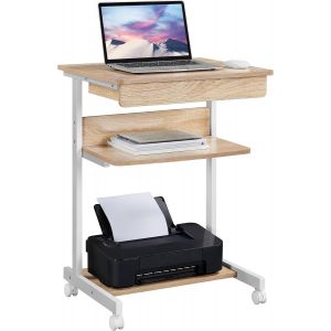 Ulteronixshop-Table Informatique Bureau d'Ordinateur Portable Roulant Poste de Travail 56 x 51 x 79 cm avec 1 Tiroir et 2 Etag&egrave;res Ch&ecirc;ne Clair - Neuf