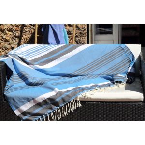 Shiba-Très Grande Fouta Xxl Soleil D'amorgos ¿ 145 X 245 Cm ¿ Bleu Turquoise, Bleu Jean Et Bandes Blanches ¿ Drap De Plage Xxl ¿ 1[5 - Neuf
