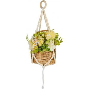 Eryi-Suspension En Macramé Avec Perles En Bois 63cm De Long Style Bohème Décoration Murale Avec Pompons Pour Intérieur Et Extérieur Style Ferme Rustique Pour Fête - Neuf