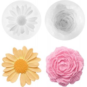 2 Pièces Moules À Bougies En Silicone,Moule Bougie Silicone 3d Diy,Moule En Silicone Pivoine Fleur,Moule Silicone Bougie Fleur,Moule En Silicone En Forme De Marguerite,Moule Silicone Bougie - Neuf