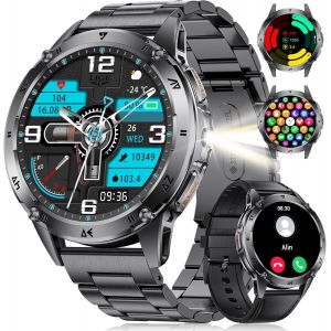 Montre Connect&eacute;e Homme, 1.43'' Smartwatch Homme Avec Appel Bluetooth/Led Lampe/530 Mah Batterie/110+ Modes Sportifs, Moniteur De Fr&eacute;quence Cardiaque Spo2 Et Sommeil Pour Android Ios, Cuir-No[Z1178] - Neuf