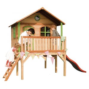 Maisonnette Enfant Avec Toboggan Rouge, Bois Fsc, Marron/Vert - Neuf