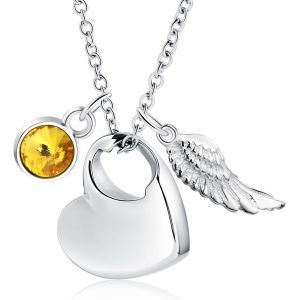 Trahoo-Collier Avec Pendentif Urne En Acier Inoxydable Avec Pierre De Naissance En Cristal - Ailes D'ange - Cendres - Pendentif C?ur - Argent - Neuf