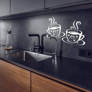 Tasses Stickers Muraux Art Cuisine Vinyle Caf&eacute; D&eacute;cal D&eacute;cor Tasse Carreaux Noirs Transferts Autocollants Deco Citation D&eacute;coration Th&eacute; Caf&eacute; Maison Love Room Miroir Salon Armoires Cuisines - Neuf