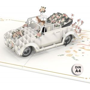 TRAHOO-&reg; Carte pop-up DIN A4 XXL - Motif voiture de mariage - Carte de mariage 3D extra large avec voiture &laquo; Just Married &raquo; - Carte de f&eacute;licitations pour mariage, lune de miel et lune de miel - Neuf