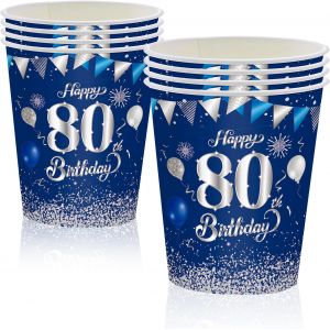 16 Pièces Gobelets En Papier Pour Fête Anniversaire 80 Ans,Bleu Argent Papier Tasse Pour Décoration Anniversaire 80 Ans Homme Femme - Neuf