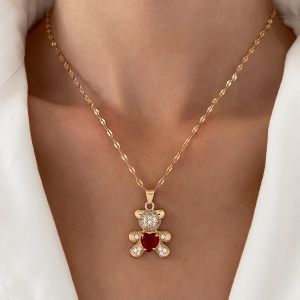 Kal-Collier Ours En Zircone Cubique Collier Ours En Peluche En Cristal Coeur Rouge Collier Pendentif Ours En Peluche Mignon Collier Chaîne Fine En Or Bijoux Pour Femmes Filles Enfants - Neuf