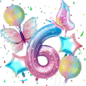 Ballon Anniversaire 6 Ans Gradient d'étoiles,7pcs Ensemble Ballon d'anniversaire avec Grand Foil Ballon numéro 6,40"" Ballons de Baudruche,Ballon 6 an Deco Birthday Vole Grâce à l'Hèlium - Neuf