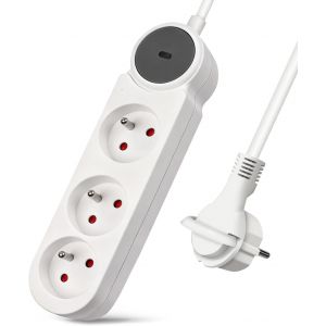 Extrastar Multiprise 3 Prises avec Fiche Plate,Bloc Multiprises avec Interrupteur, Rallonge 3m 230 V avec s&eacute;curit&eacute; Enfant pour Maison, Bureau, Blanc - Neuf