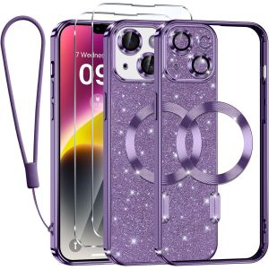 Brs-Magnétique Coque Pour Iphone 14 Plus 6,7"" Avec Flash Papier,[Compatible Avec Magsafe],Avec 2* Verre Trempé Et 1* Chaîne Téléphone,Transparent Glitter Housse Pour Filles Féminines,Violette - Neuf