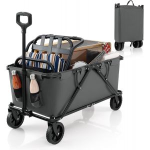 Chariot De Plage Pliable À Roulettes, Avec Guidon Réglable, Porte-Bouteilles Et Poche De Rangement, Chariot Utilitaire Pliable D'extérieur, Pour Camping-Jardin-Plage (Brun) - Neuf