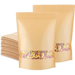 Cmws-Lot De 50 Sachet Kraft Alimentaire Avec Fenetre, 25 X 35cm Sachet Kraft Zip Réutilisables, Imperméable Sac Kraft Alimentaire Petit Format Pour Noix, Nourriture - Neuf