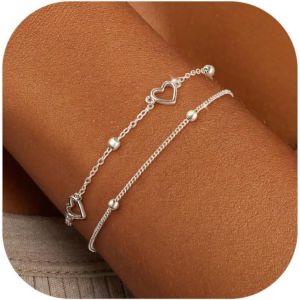 Women's Bracelet Silver Gold Plated 14k Adjustable Stackable Chain Bracelets Heart Pearl Love Sparkling Set Bracelets Personalised Fantasy Birthday For Women File Jewellery 16cm+5cm - Neuf
