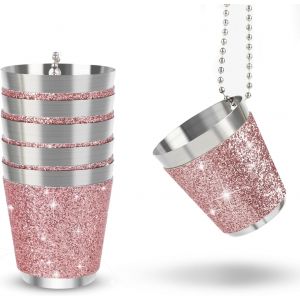 Ytfhg-Lot De 6 Gobelets À Shot En Métal À Suspendre - En Acier Inoxydable - Avec Chaîne - 30 Ml - Rose - Pour Mariage, Enterrement De Vie De Jeune Fille, Carnaval, Dégustation De Vin - Neuf