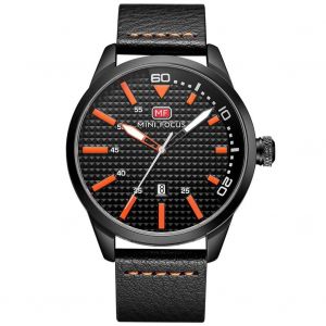 Mini Focus Mode Hommes Casual Bracelet En Cuir Imperm&eacute;able Montre-Bracelet &Agrave; Quartz (Noir + Orange) - Neuf