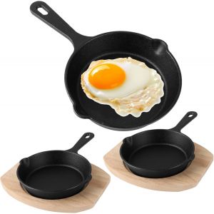 JEXNOVASHOP-Lot de 3 mini po&ecirc;les &agrave; frire en fonte avec fond en bois, 14 cm, petites po&ecirc;les en fonte, pour cuisini&egrave;re, four, barbecue, int&eacute;rieur et ext&eacute;rieur - Neuf