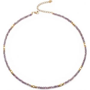 Kgabery-Pierre Précieuse Naturelle Halskette Collier Femme Doré Boho Chaîne Ras Du Cou Court Perles En Acier Inoxydable Pierre Fossile Été Plage Fait À La Main Réglable 37 Cm Bijoux Cadeaux - Neuf