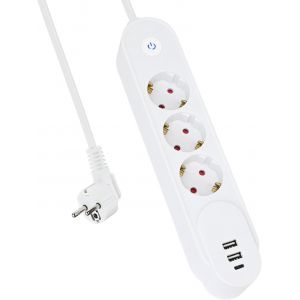 Multiprise 3 prises avec 3 ports USB,multiprise avec USB C,montage mural,3680 W,16 A,avec interrupteur,multiprise pour la maison,le bureau,câble de 1,5 m,blanc - Neuf
