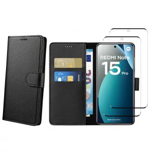 Coque pour Xiaomi Redmi Note 15 PRO 4G et 2 Verres Tremp&eacute; - Portefeuille Noir Rabat Clapet Aimant&eacute; Rangement Cartes Phonillico&reg; - Neuf
