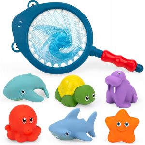 KAL-Jouet De Bain Bébé, 7 Pièces Jouets Aquatiques Baignoire Ou Piscine Animaux Flottants Avec Filet De Pêche, Jeu D'Eau Éducatif Squirt Pour Douche Et Natation, Cadeau Pour Bambin Enfant Garçon Fill - Neuf