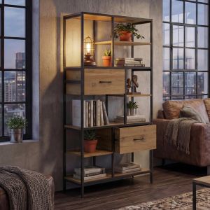 &Eacute;tag&egrave;re HWC-P11, &eacute;tag&egrave;re biblioth&egrave;que &eacute;tag&egrave;re sur pied, tiroirs industriel MDF m&eacute;tal m&eacute;lamine 150x81x33cmmarron - Neuf