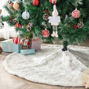 Jupe de sapin de No&euml;l en fausse fourrure, flocon de neige argent&eacute;, 90 cm, coussin de jupe de sapin de No&euml;l en peluche blanche brod&eacute;e de flocons de neige - Neuf