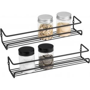 Jexnovashop-Porte Epices Mural Cuisine, Etagere A Epices Murale, Etagere Epices Porte Placard Cuisine Montages Adhesif Ou Percage, 7,0p X 29,0l X 5,5h Cm, M&eacute;tal, Noir (Paquet De 2) - Neuf