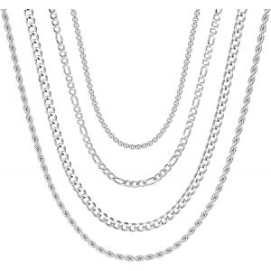 Trahoo-4 Pcs Chaîne En Acier Inoxydable Collier Pour Hommes Femmes Argent Corde Chaîne Pour Pendentif Cubain Lien Chaîne Figaro Rolo Collier Ensemble 46cm - Neuf
