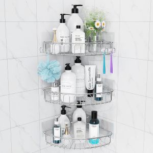Adhésif Étagère d'angle Serviteurs de Douche Salle-de-Bains Triangulaire pour Rangement Acier Inoxydable sans Percer - Lot De 2 - Neuf