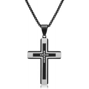 Tianyi-Collier Croix Homme, Collier Croix Chr&eacute;tien Acier Inoxydable Pendentif Argent/Noir Bijoux Cadeau Homme Chretienne Catholique Religion - Neuf