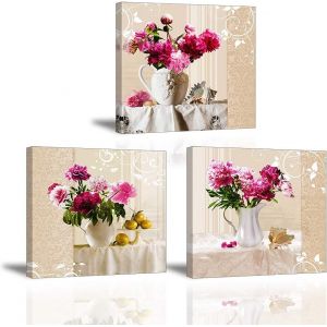 ERYI-Tableaux Muraux Sur Toile De Fleur De Pivoine Artistique Moderne Image Vase Blanc Tendue Sur Châssis Peinture Prêt À Accrocher Déco D'Art Murale Pour Cadeau Anniversaire 3X 30X30Cm - Neuf