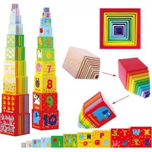 JGD-TOWO Cubes emboitables en Bois - Pyramide Cubes a empiler Bebe pour Apprendre à Compter - Lot de 10 Cubes éducatif -Montessori - Apprendre Les Animaux - Jouets en Bois éducatif pour Enfant 2 Ans - Neuf