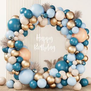 TRAHOO-Kit Arche Ballon Bleu, 143pcs Guirlande Ballon Bleu Or avec Ballon Bleu Mer Beige, DIY Arche Ballon Rétro Bleu pour Homme Garçon Fête Anniversaire Décoration, Baby Shower, Mariage, Baptême - Neuf