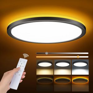Plafonnier Led Dimmable 24w, Plafonnier Led Avec Telecommande, Veilleuse Dimmable 1800k, Panneau 3000k-6500k, Plafonnier Rond Led Ultra Fin Adapté Aux Chambres Chambres D'enfants Salons, Ø30cm, Noir - Neuf