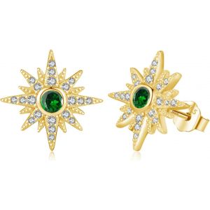 Chenquansarl-Boucles D'oreilles En Forme D'&eacute;toile Pour Fille En Argent Sterling 925 - Boucles D'oreilles En Forme D'&eacute;toile En Or Avec Zircone Vert Fonc&eacute; - Pour Fille, Femme, Enfant, Petite Amie, 13mm - Neuf