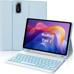 Coque Clavier pour Xiaomi Redmi Pad SE/Redmi Pad 2 11"", &Eacute;tui Keyboard Bluetooth Magn&eacute;tique D&eacute;tachable Clavier (AZERTY, Fran&ccedil;ais), 7 Couleurs R&eacute;tro&eacute;clair&eacute;es avec Porte Crayon, Bleu Ciel - Neuf