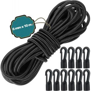 CHECARZHN--NO1-6 Mm X 10 M Tendeur Elastique, Corde Élastique Noir Avec 10 Crochets En Plastique, Sandow Elastique En Latex Solide Et Durable Pour Bâche De Remorque, Bateau, Camping, Tente, Sac À Dos (6 Mm - Neuf