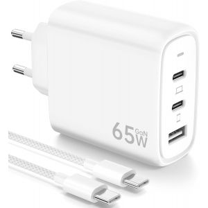 JGD-65W Chargeur USB C Rapide avec GaN Technologie, 3-Ports PD & QC3.0 Chargeur Prise avec C&acirc;ble USB C 2M Compatible pour iPhone 16 Pro/15 Plus, pour Galaxy S24/23/S22, pour MacBook Pro/Air, etc - Neuf