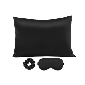 Taie D'oreiller En Satin Noir, Masque De Nuit Et Chouchou Assortis 76x50cm - Neuf