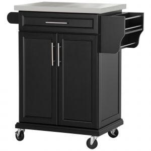 Chariot De Service Desserte De Cuisine &Agrave; Roulettes &Icirc;lot De Cuisine - Placard 2 Portes, &Eacute;tag&egrave;res, Range Couverts Et Condiments Lat&eacute;ral - Plateau Acier Inox. Bois Noir - Neuf
