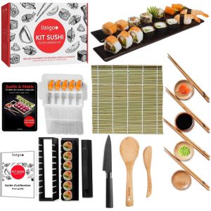 Mevronisshop-Kit Sushi Maki Complet - Sushi Maker - Appareil Pour Fabrication Sushi - Coffret Avec Natte En Bambou, Couteau Japonais, Baguettes, Moule &Agrave; Sushi, Moule &Agrave; Maki - Id&eacute;e Cadeau Homme Femme - Neuf