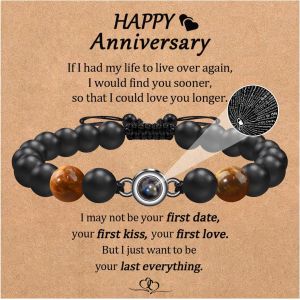 Kal-Bracelet Pour Hommes Bracelet De Perles Pour Hommes 8mm Oeil De Tigre Onyx Noir Je T'aime 100 Langues Bracelets De Projection Réglable Tressé Bracelet En Pierre Naturelle Bijoux Homme - Neuf