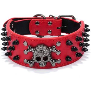 Eryi-Collier Pour Chien Crâne Rivet, Grand Collier Pour Chien Moyen Et Petit, Tête De Mort Réglable Avec Rivets À Pointes Collier Pour Chien En Similicuir Crocodile - Neuf
