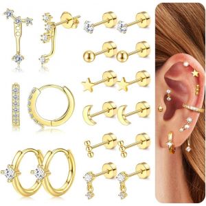 Kal-Boucles D'oreilles Femmes Acier Inoxydable Petites Boucles D'oreilles Argent Créoles Or Piercing Oreille Cartilage Clous D'oreilles Hypoallergéniques Lot Boucles D'oreilles Femme Or - Neuf