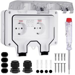 Prise Ext&eacute;rieure Etanche IP66-Double Prise Electrique Murale avec Interrupteur T&eacute;moin Lumineux Couvercle Anti-poussi&egrave;re Coupe-Vent Bo&icirc;tier Prise &Eacute;tanche pour Jardin Terrasse Sous-sol Garage.[A27] - Neuf