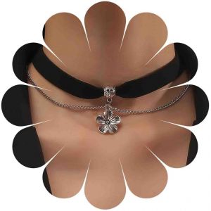 Kal-Collier Ras Du Cou En Velours Noir Collier Ras Du Cou Gothique Pendentif Fleur Argent&eacute; Collier Collier Large En Velours Fleuri Collier Ras Du Cou En Velours Noir Bijoux Pour Femmes Et Filles - Neuf