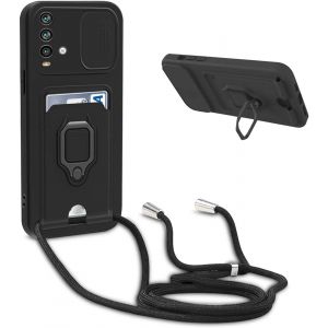 Ayu-Coque Avec Cordon Pour Xiaomi Redmi 9t / Poco M3,Collier Pour Étui Colliers De Cellulaire Réglable Corde Silicone Souple Case,Protection De La Caméra,Support,Porte Cartes - Noir - Neuf