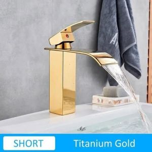 Robinet de Lavabo Cascade en Laiton - SUGUWORD - Col de cygne - 2 trous - Or brillant - Neuf