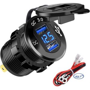 Chargeur de Voiture Rapide USB Deux QC3.0 USB Les Ports,12V / 24V 36W &Eacute;tanche avec voltm&egrave;tre num&eacute;rique LED pour Moto,Caravane,Camion,Bateau et Plus - Neuf
